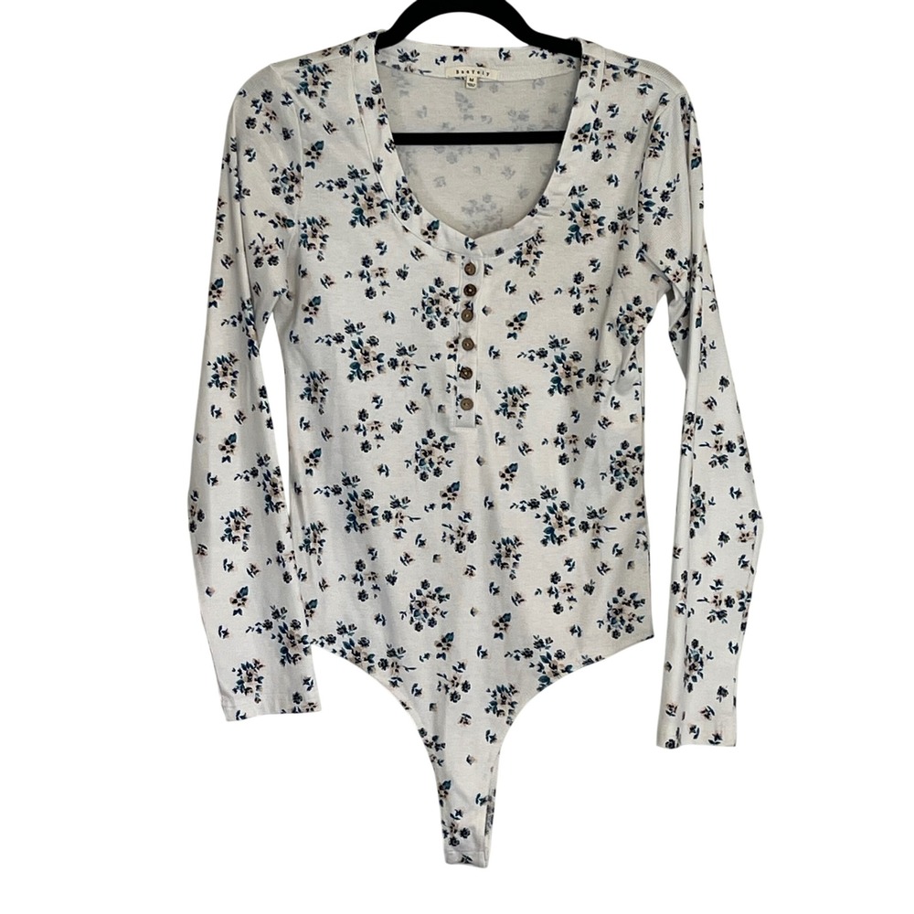 BaeVely Floral Ribbed Henley Bodysuit Long Sleeve White Blue Size Medium